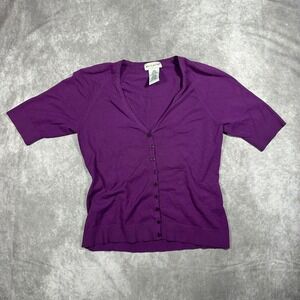 White Stag Womens M Purple Short Sleeve Cardigan Sweater V-Neck Button Up Preppy